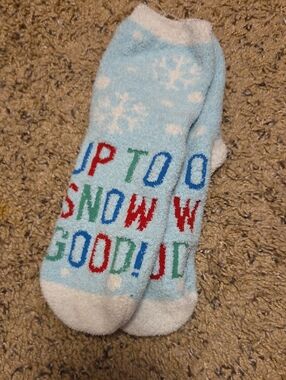 Cozy Light Blue Snowflake Fuzzy Socks with Holiday Lettering